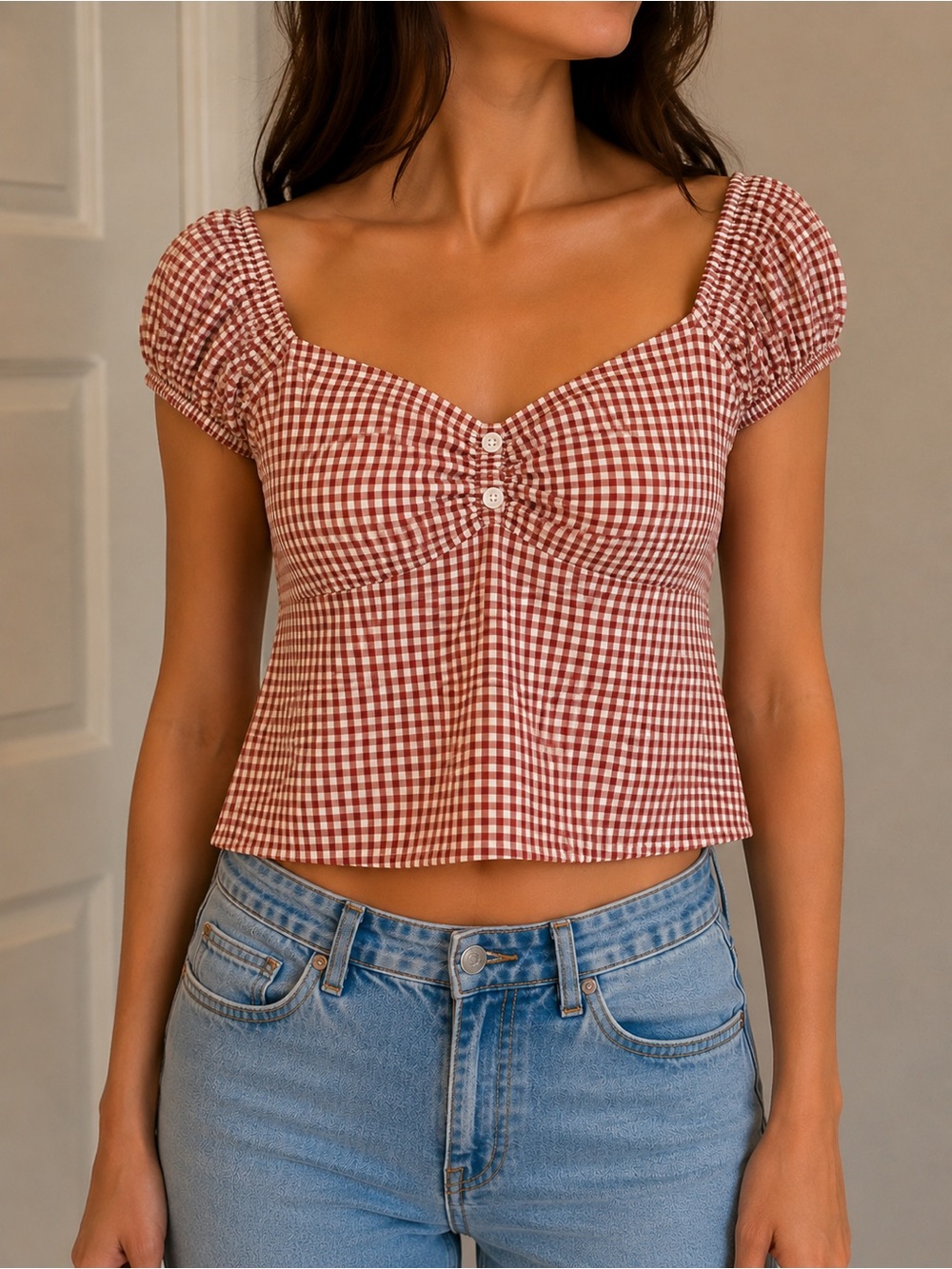Rust Gingham Puff Sleeve Square-Neck Blouse